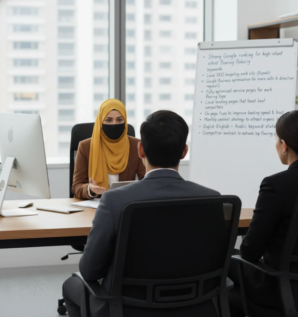 saleha doing discussion with her saudi arabia clients